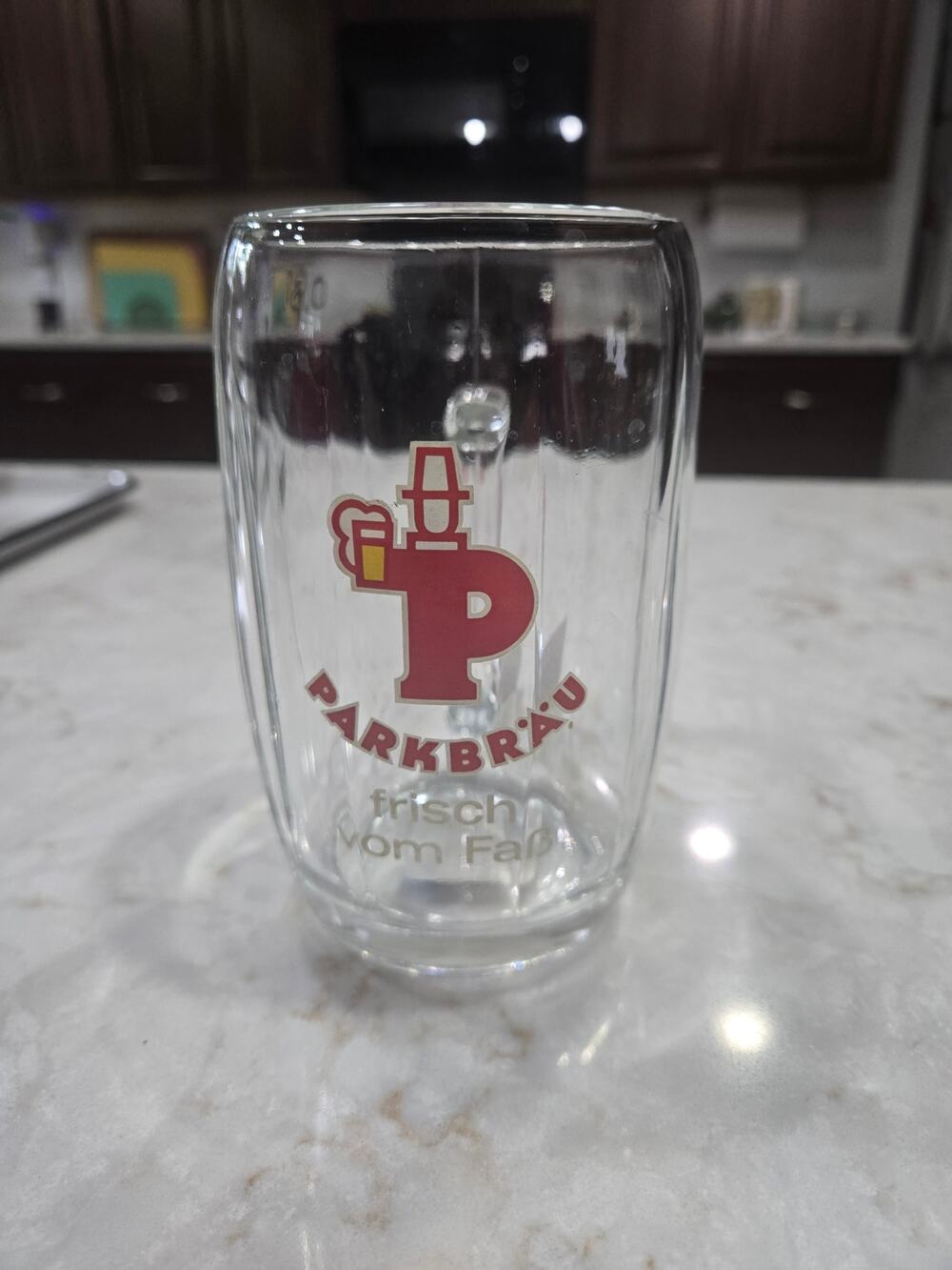 Vintage Parkbrau Glass Beer Mug Frisch Vom FaB Red Logo Germany Drinking Cup 689
